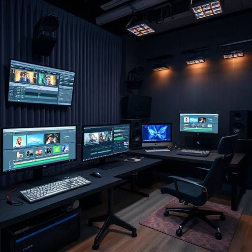 Billede af en redigeringssuite med computere og professionel redigeringssoftware.