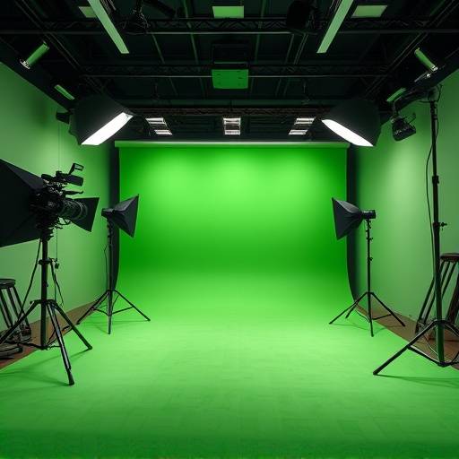 Interiør af Studie 3 med grøn skærm og avanceret belysning til videoproduktion.